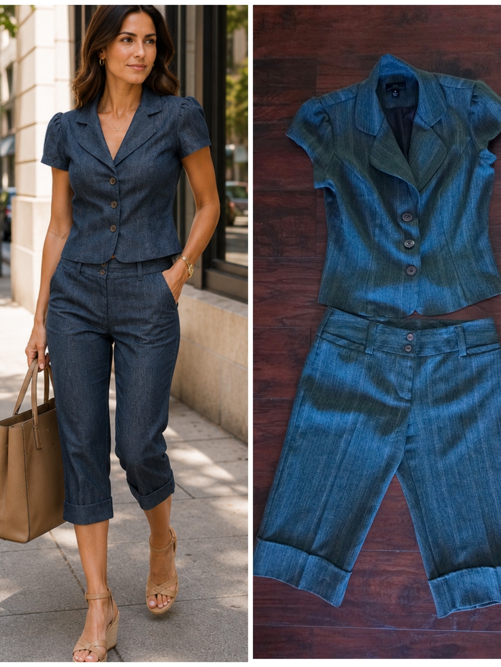 Tailored Short-Sleeve Denim Jacket & Cropped Pants Set - Blue